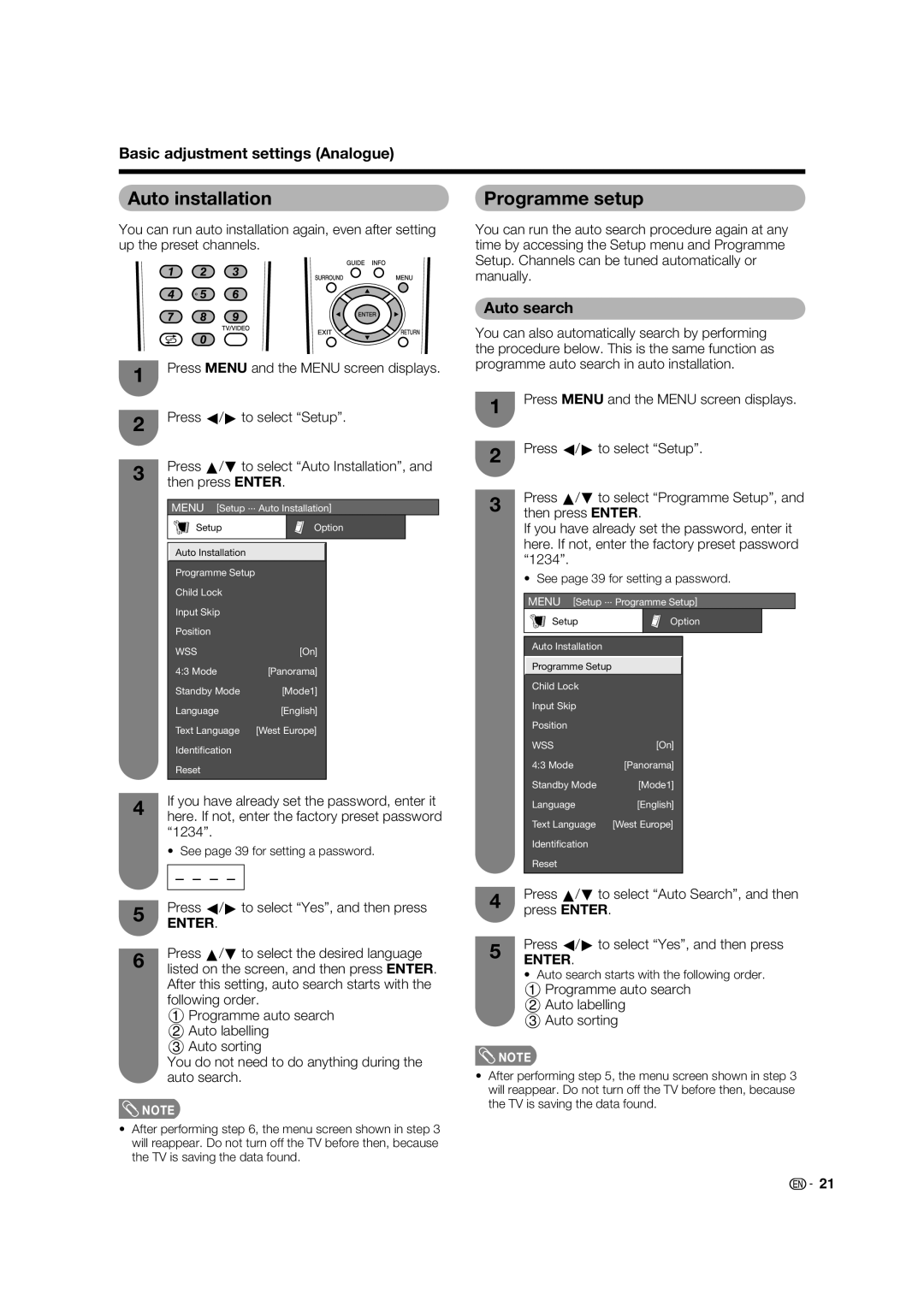 Sharp LC-46PD7X operation manual Auto installation, Programme setup, Basic adjustment settings Analogue, Auto search 