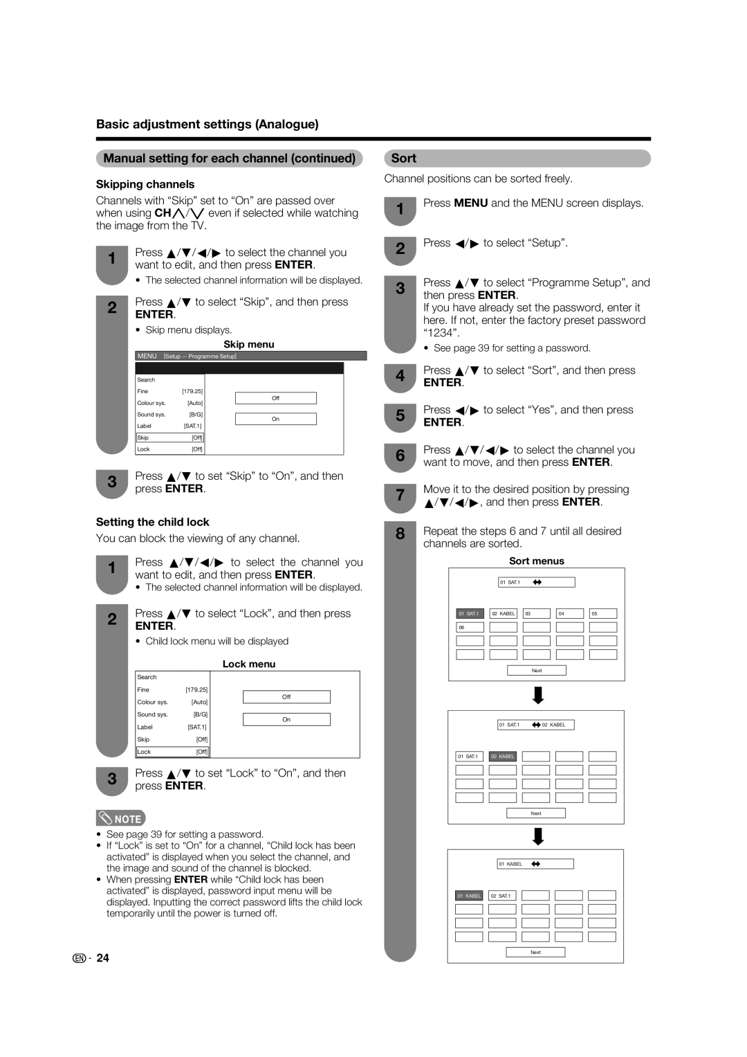 Sharp LC-46PD7X operation manual Sort, Skipping channels, Setting the child lock 