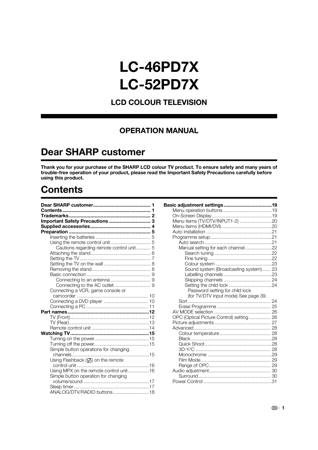 Sharp LC-46PD7X operation manual Dear Sharp customer, Contents 