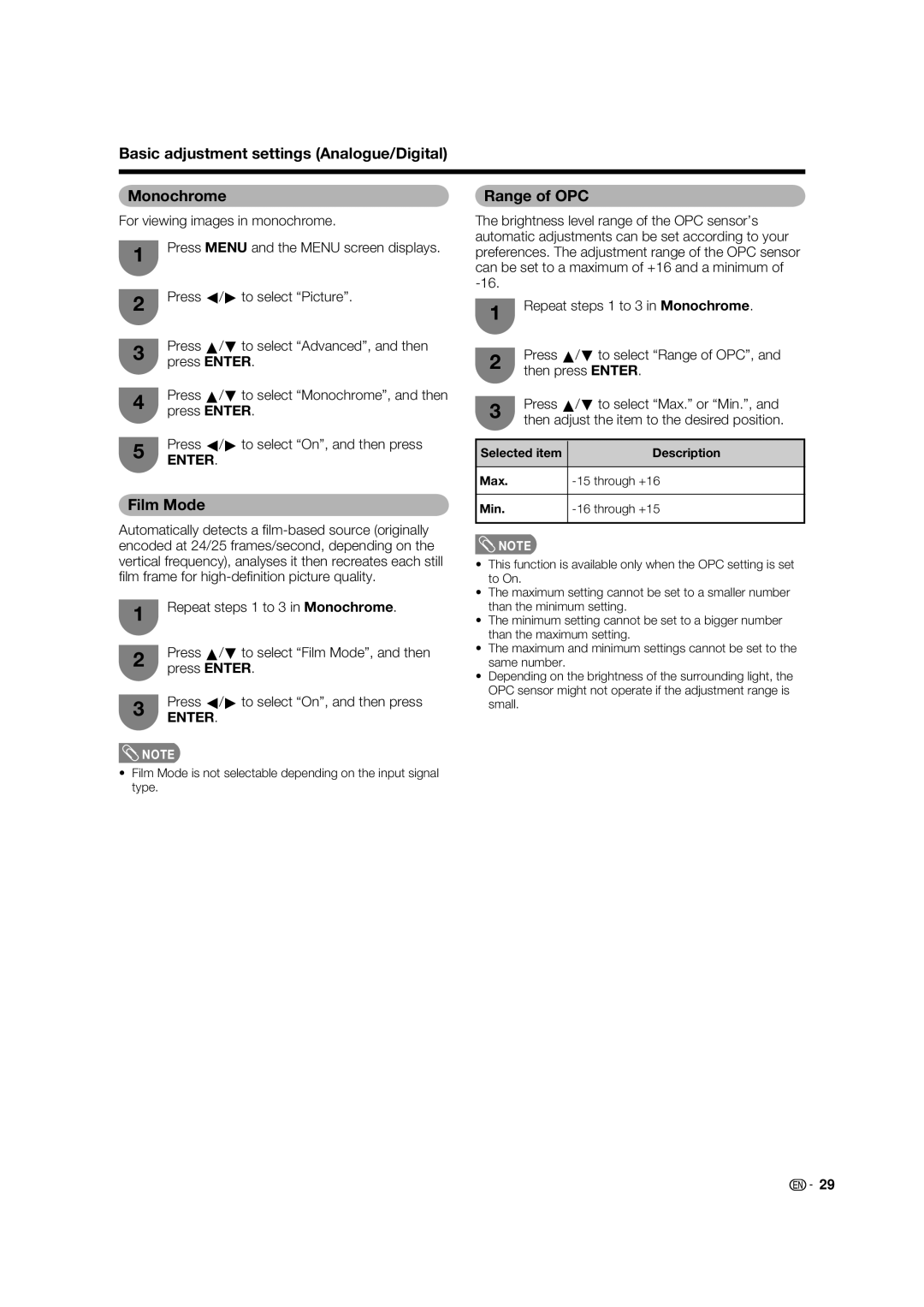 Sharp LC-46PD7X operation manual Basic adjustment settings Analogue/Digital Monochrome, Film Mode, Range of OPC, Max, Min 