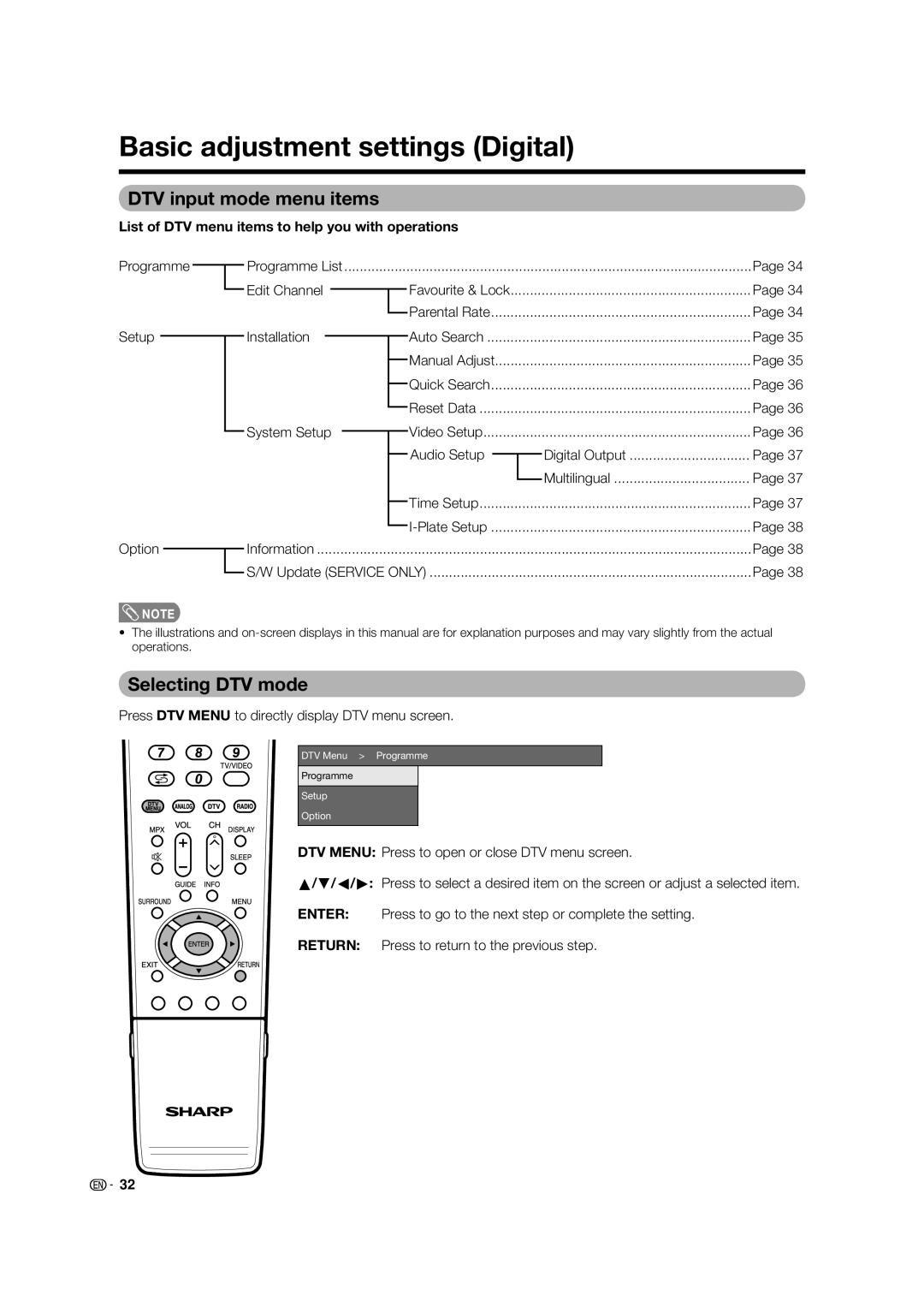 Sharp LC-46PD7X operation manual Basic adjustment settings Digital, DTV input mode menu items, Selecting DTV mode 