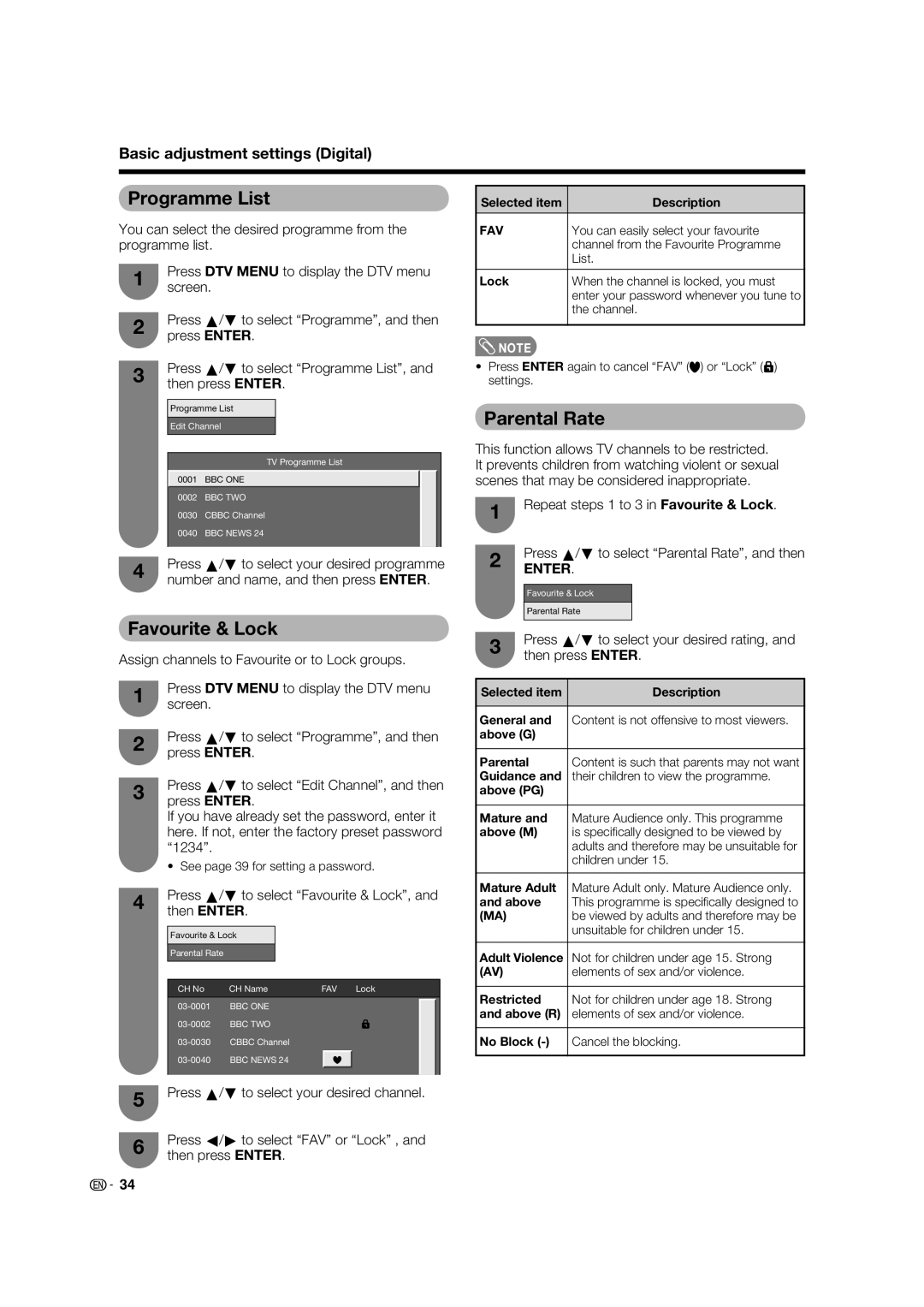 Sharp LC-46PD7X operation manual Programme List, Parental Rate, Press a/b to select Favourite & Lock, and then Enter 