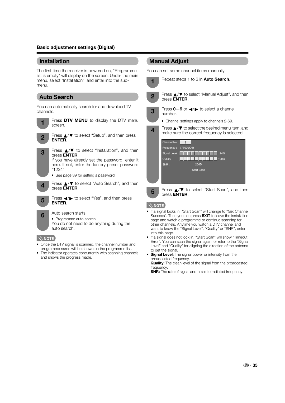 Sharp LC-46PD7X operation manual Installation, Auto Search, Manual Adjust, Auto search starts 