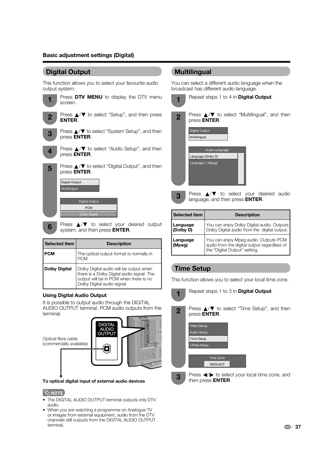 Sharp LC-46PD7X operation manual Digital Output Multilingual, Time Setup, Using Digital Audio Output 