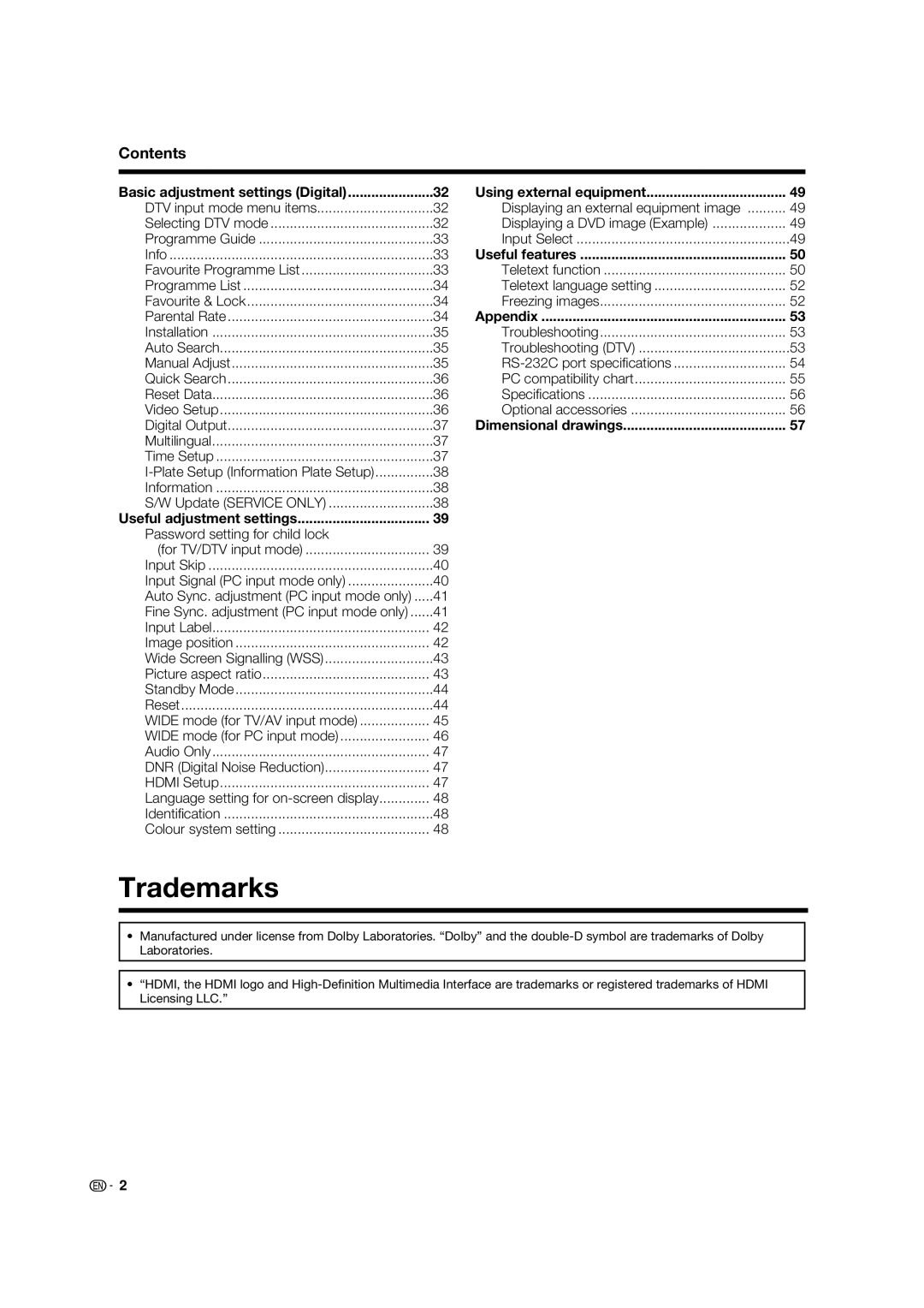 Sharp LC-46PD7X operation manual Trademarks, Contents 