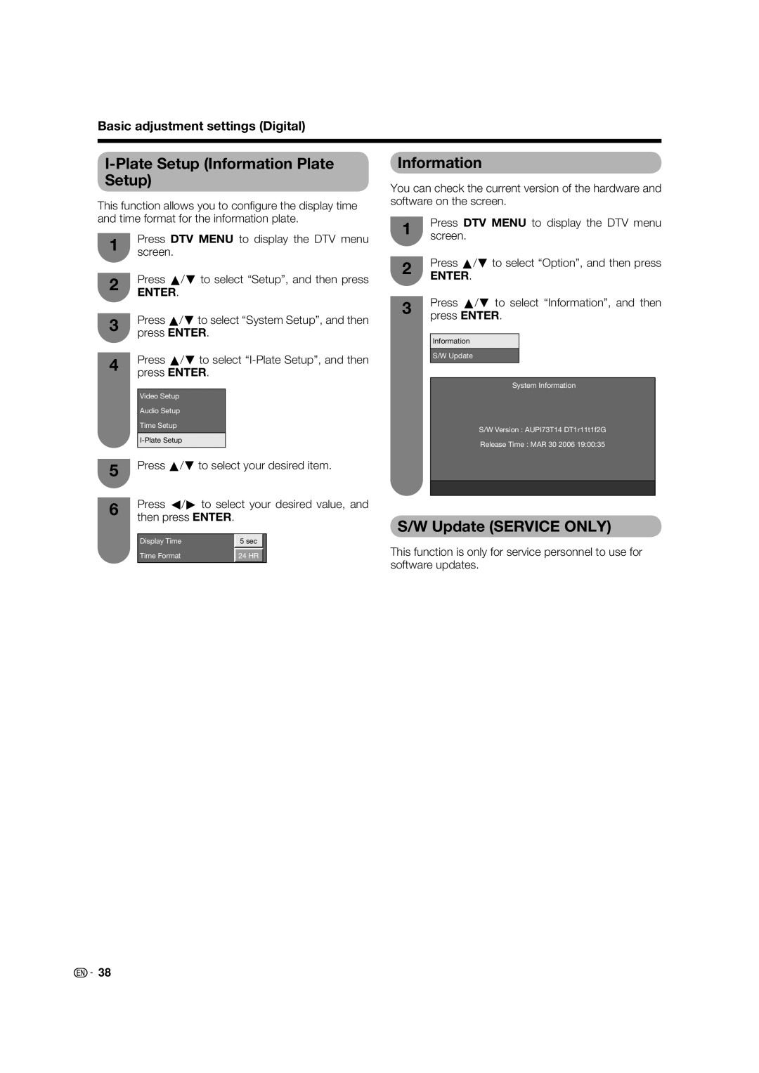 Sharp LC-46PD7X operation manual Plate Setup Information Plate Setup, Update Service only 