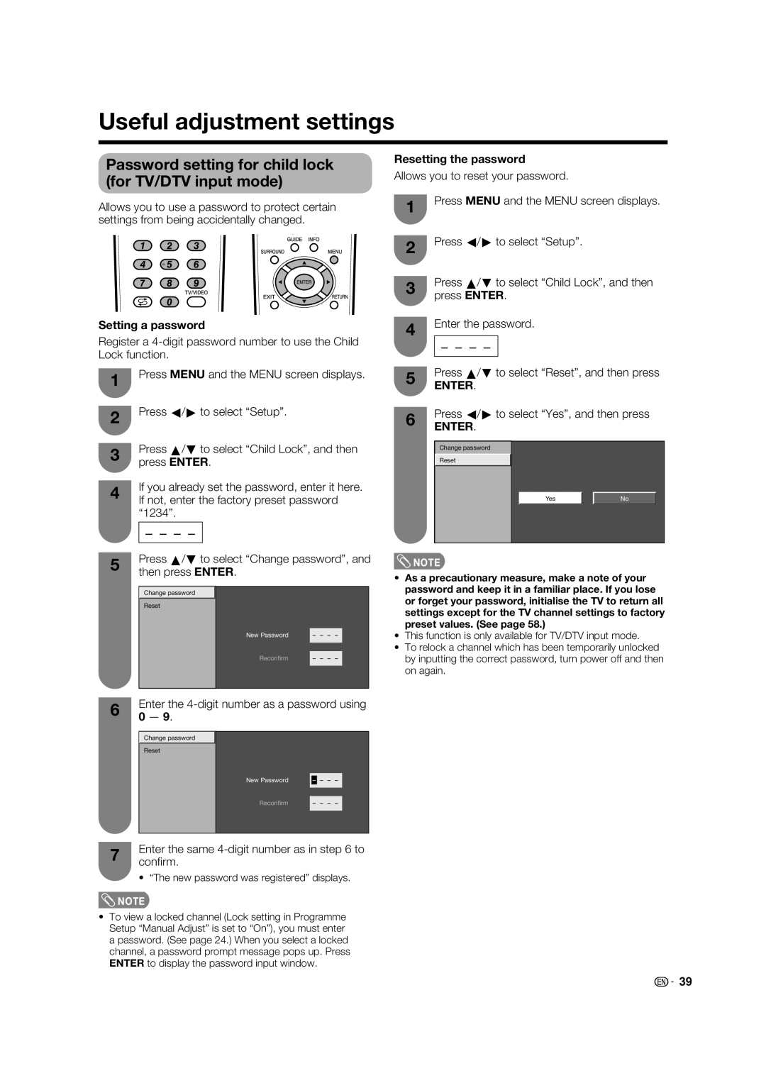 Sharp LC-46PD7X Useful adjustment settings, Password setting for child lock for TV/DTV input mode, Setting a password 