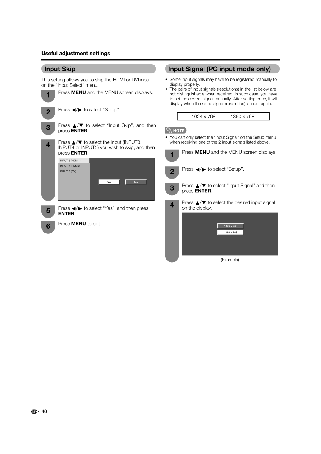 Sharp LC-46PD7X Input Skip, Input Signal PC input mode only, Useful adjustment settings, Press Menu to exit, 1024 x 1360 x 