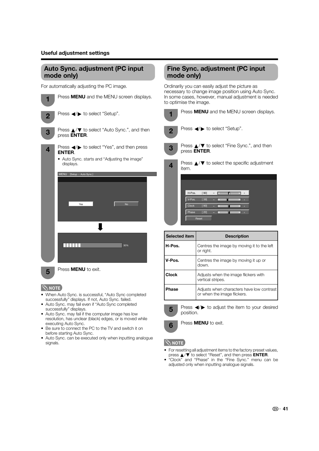 Sharp LC-46PD7X Auto Sync. adjustment PC input mode only, Fine Sync. adjustment PC input mode only, Pos, Clock, Phase 
