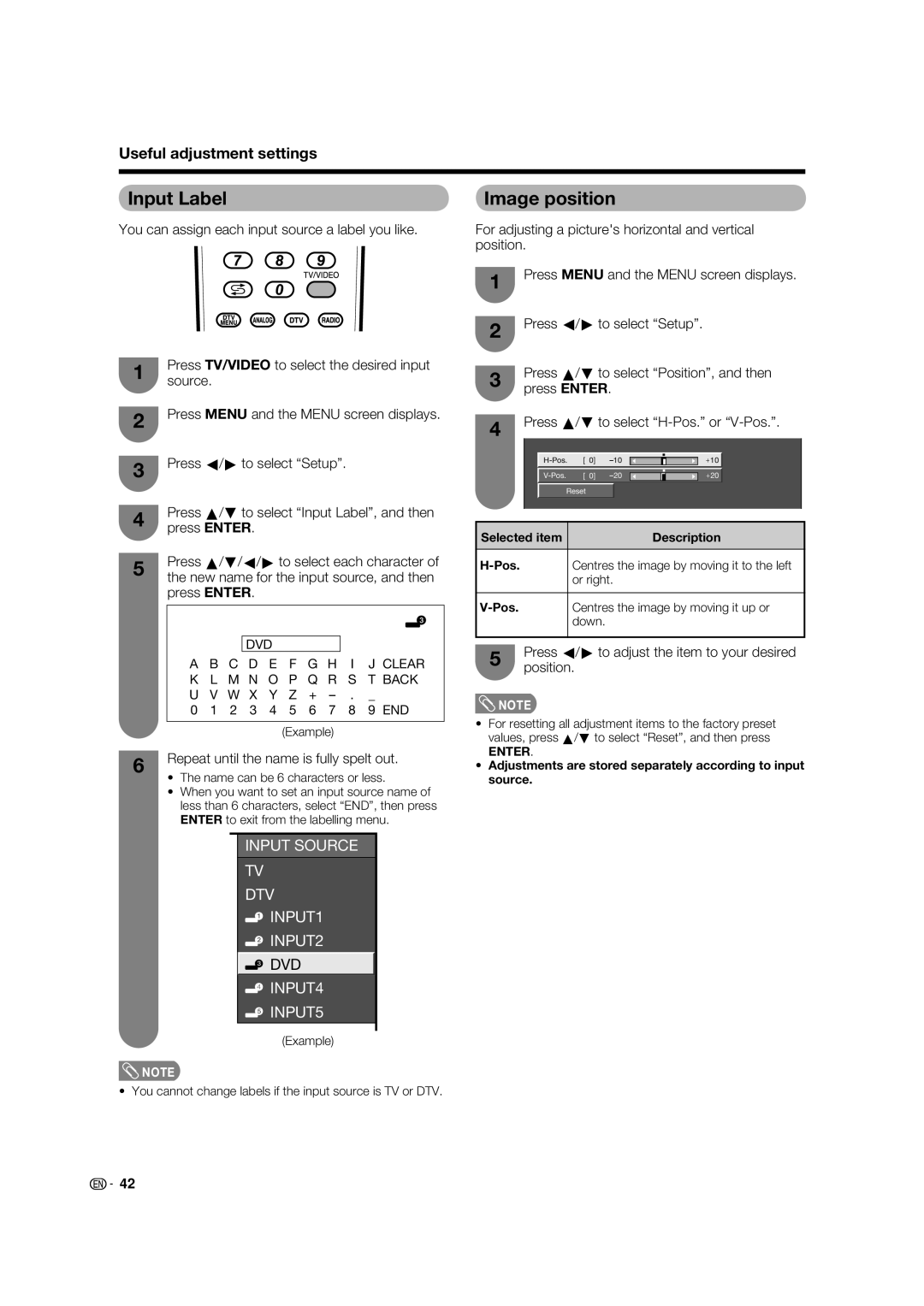 Sharp LC-46PD7X operation manual Input Label, Image position, Adjustments are stored separately according to input source 