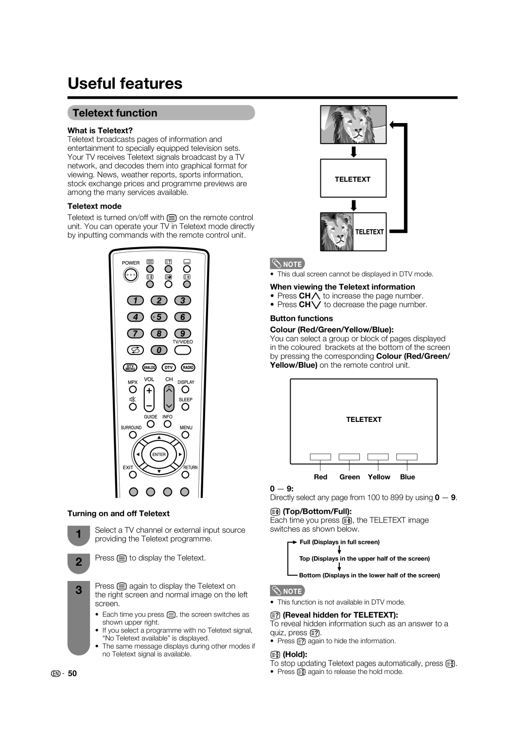 Sharp LC-46PD7X operation manual Useful features, Teletext function 