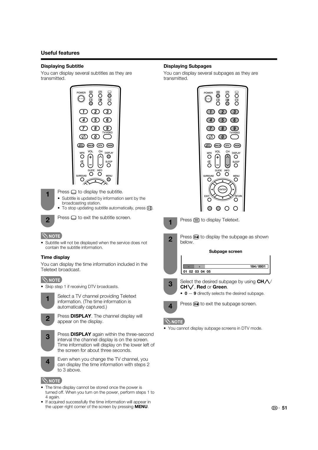 Sharp LC-46PD7X operation manual Useful features, Displaying Subtitle, Displaying Subpages, Time display 