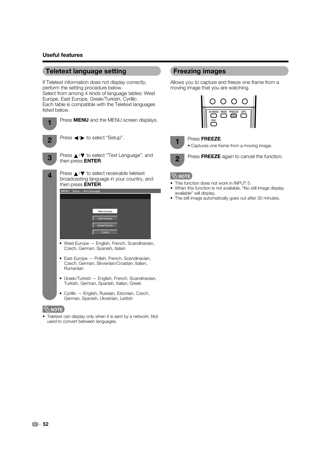 Sharp LC-46PD7X operation manual Teletext language setting, Freezing images, Press Freeze again to cancel the function 