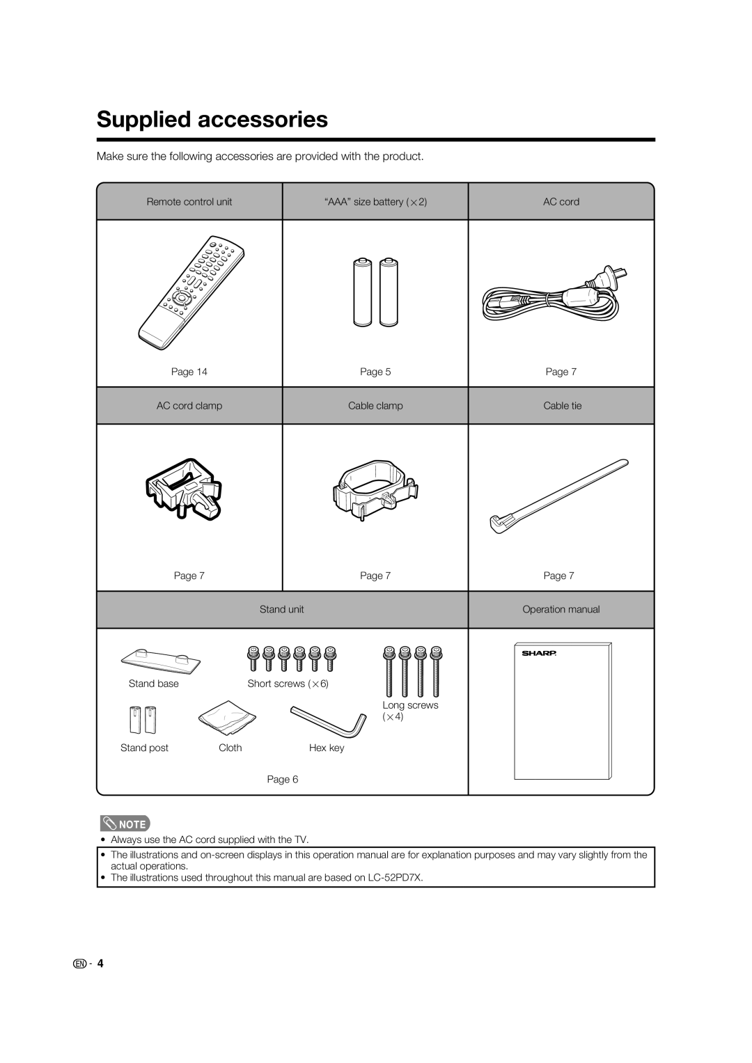 Sharp LC-46PD7X operation manual Supplied accessories 