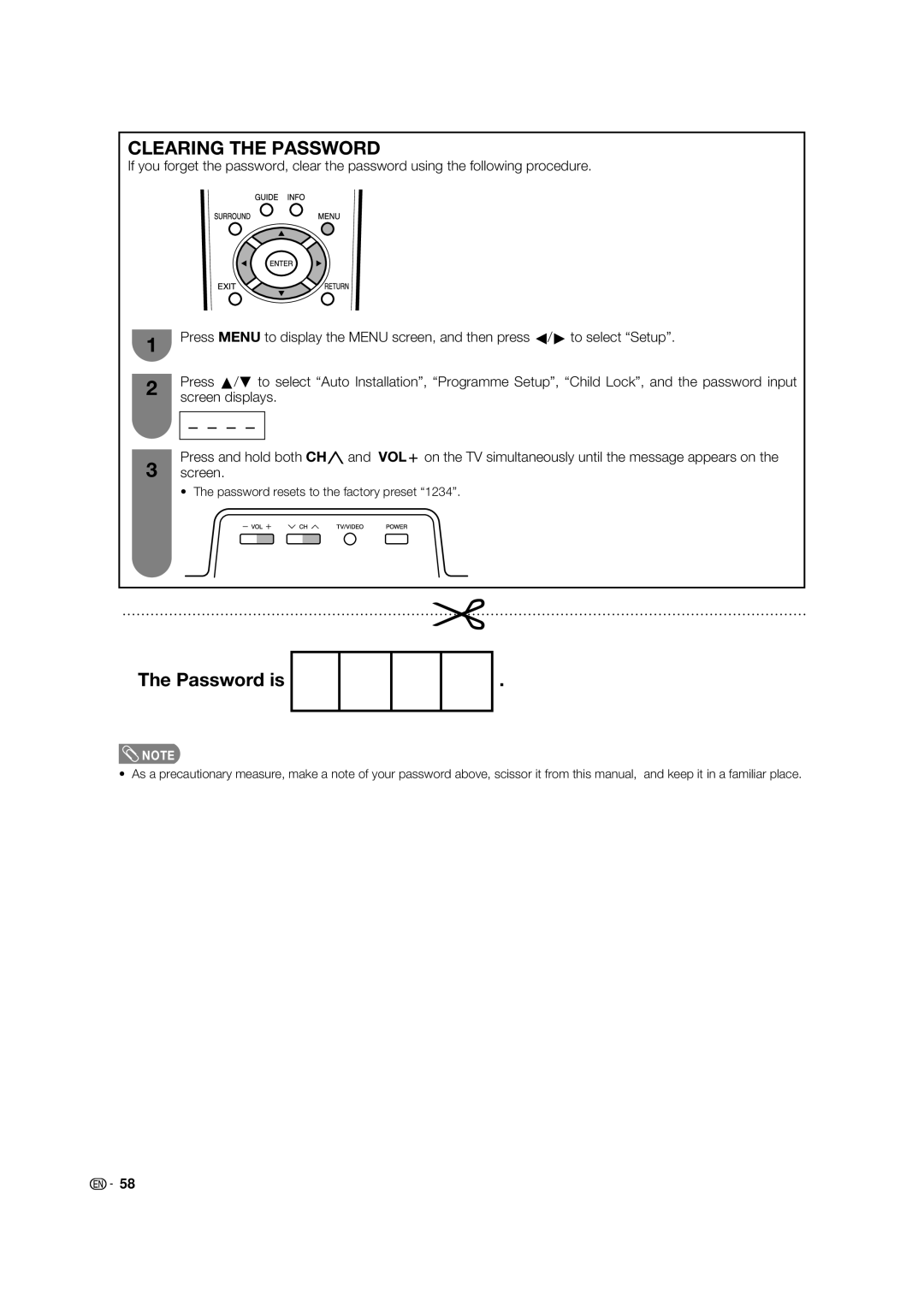 Sharp LC-46PD7X operation manual Clearing the Password, Password is 