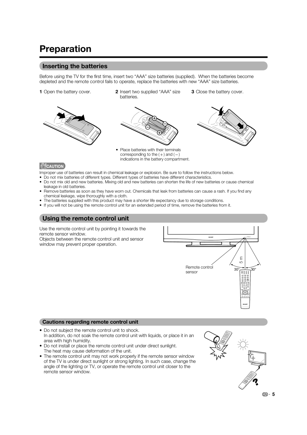 Sharp LC-46PD7X operation manual Preparation, Inserting the batteries, Using the remote control unit 