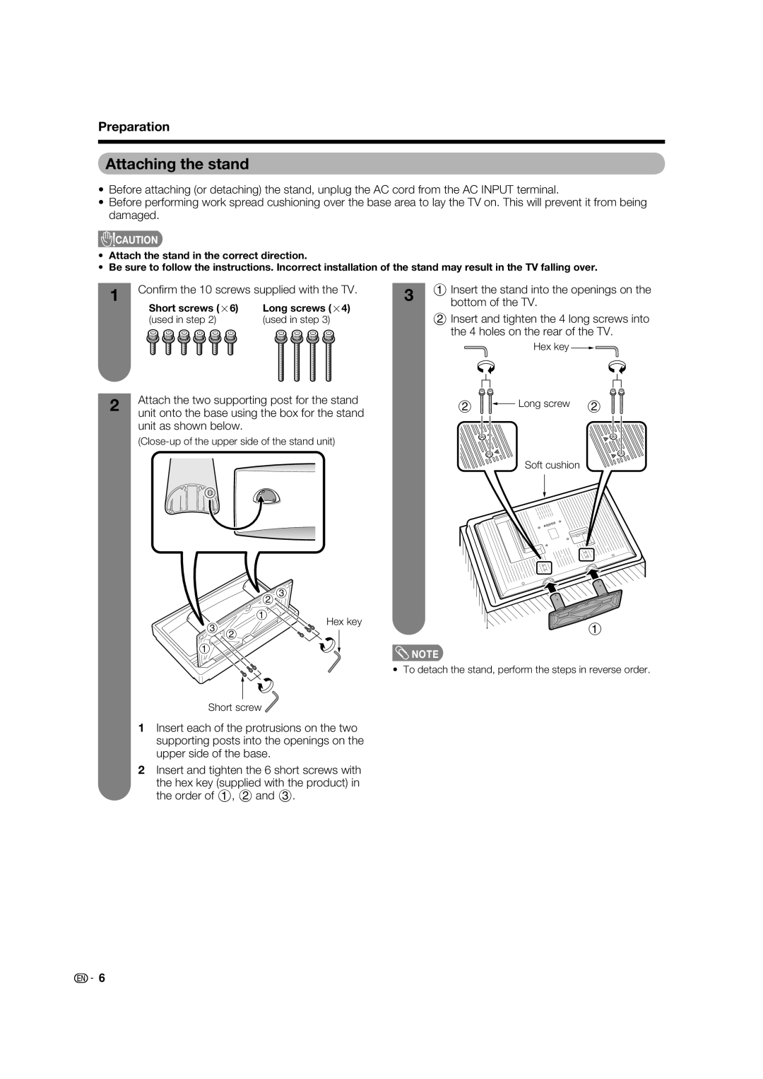 Sharp LC-46PD7X operation manual Attaching the stand, Preparation 