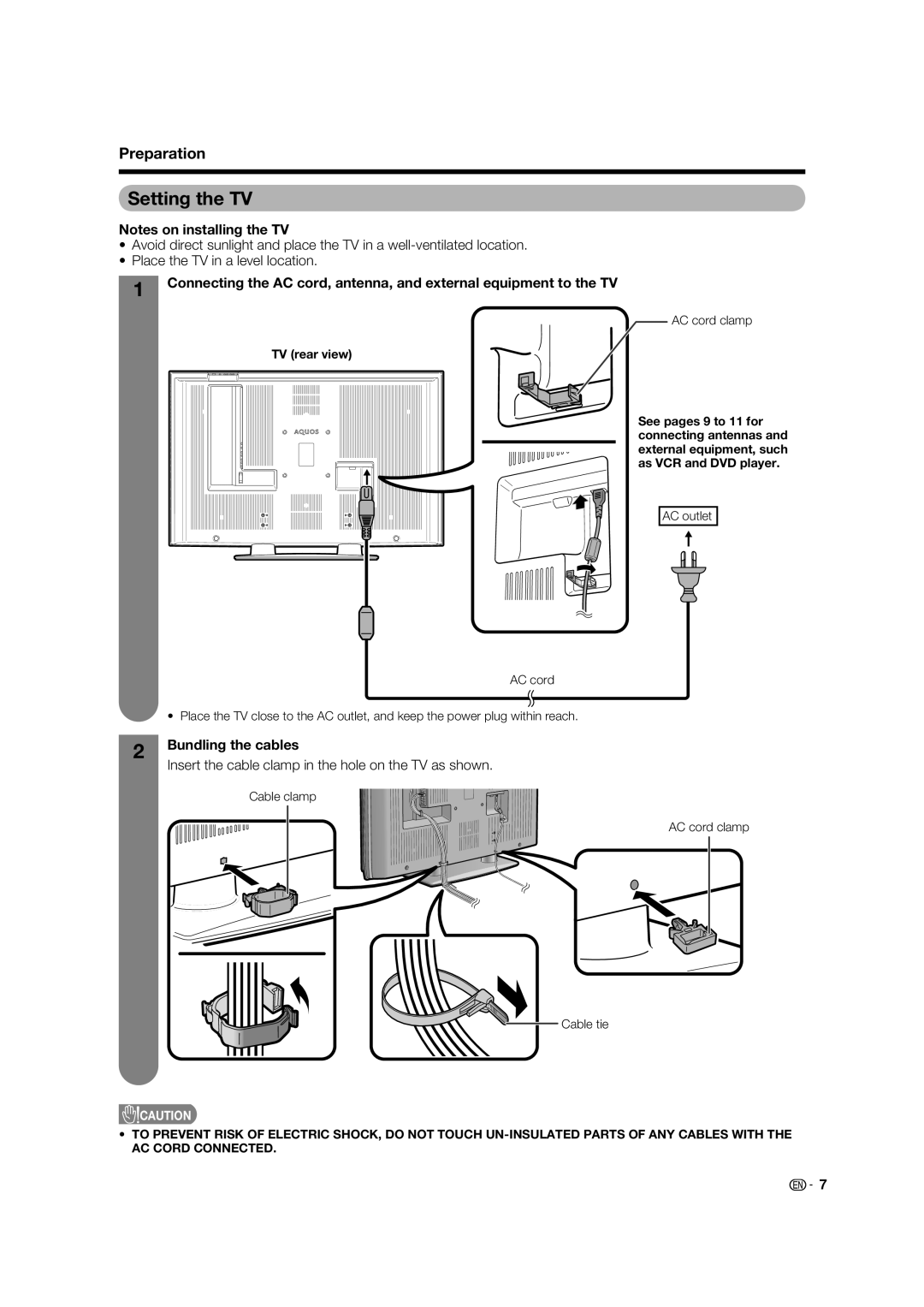 Sharp LC-46PD7X Setting the TV, Bundling the cables, Insert the cable clamp in the hole on the TV as shown, TV rear view 