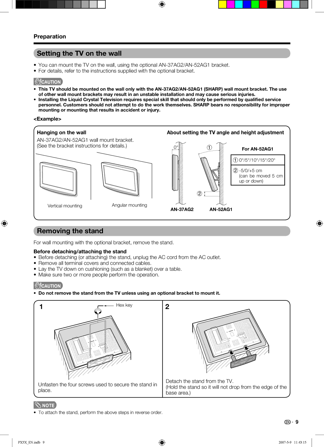 Sharp LC-46PX5X operation manual Setting the TV on the wall, Removing the stand, Example Hanging on the wall 