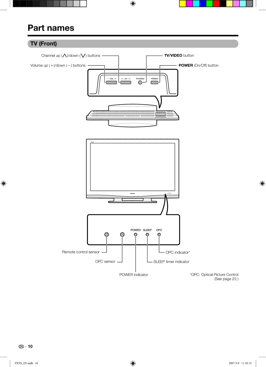 Sharp LC-46PX5X operation manual Part names, TV Front, TV/VIDEO button 