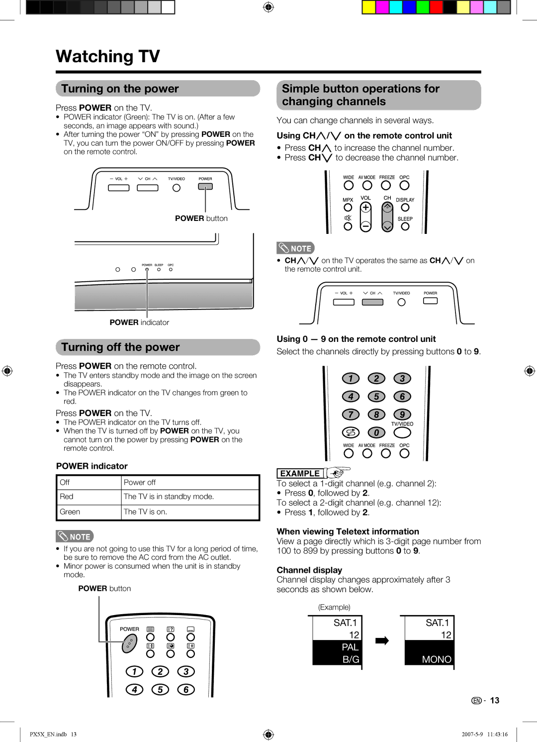 Sharp LC-46PX5X Watching TV, Turning on the power, Simple button operations for changing channels, Turning off the power 