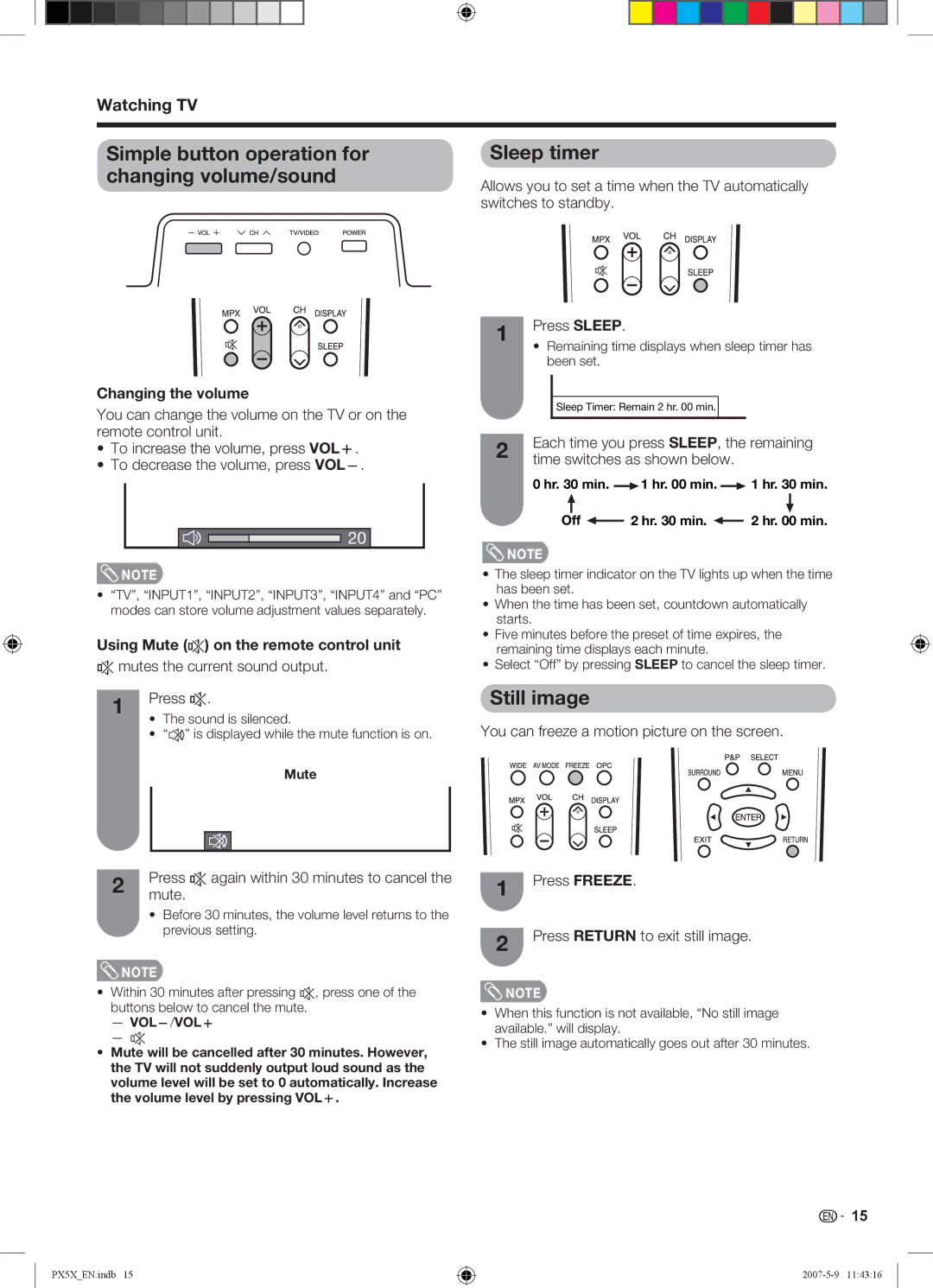 Sharp LC-46PX5X Still image, Switches to standby, Changing the volume, Using Mute e on the remote control unit 