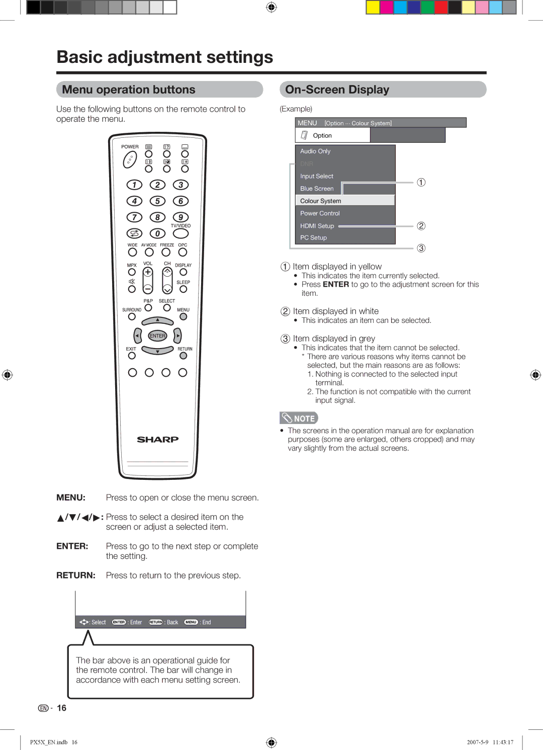 Sharp LC-46PX5X operation manual Basic adjustment settings, Menu operation buttons, On-Screen Display 