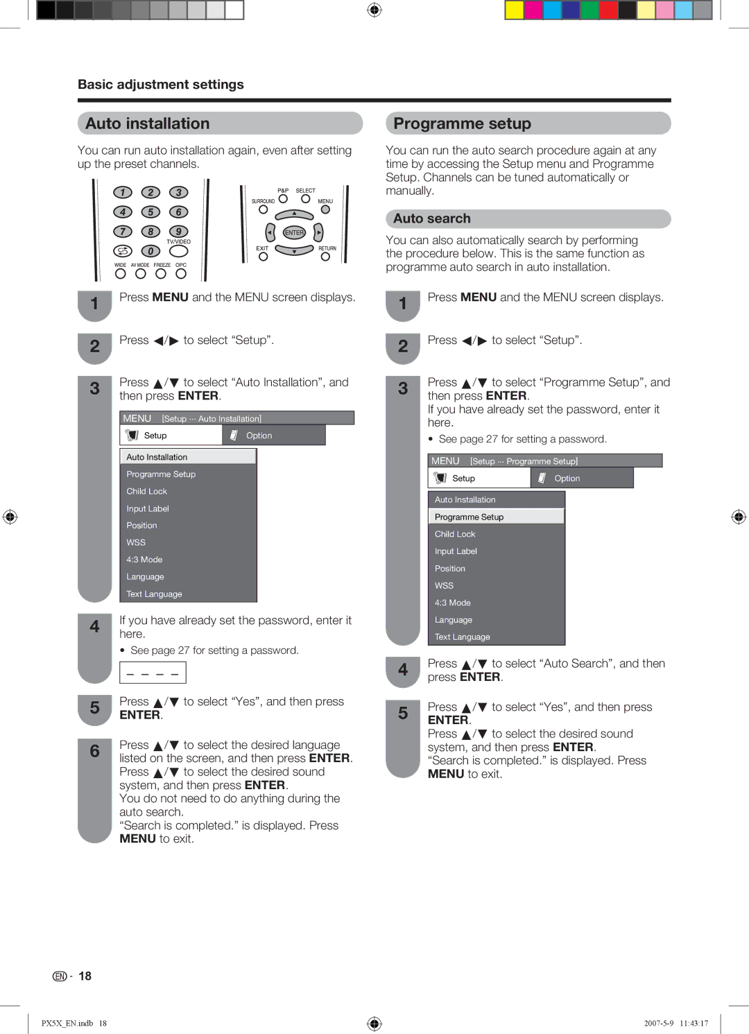 Sharp LC-46PX5X Auto installation Programme setup, Auto search, If you have already set the password, enter it here 