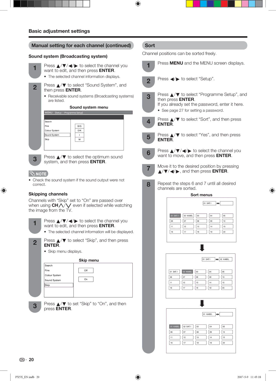 Sharp LC-46PX5X operation manual Sound system Broadcasting system, Skipping channels 