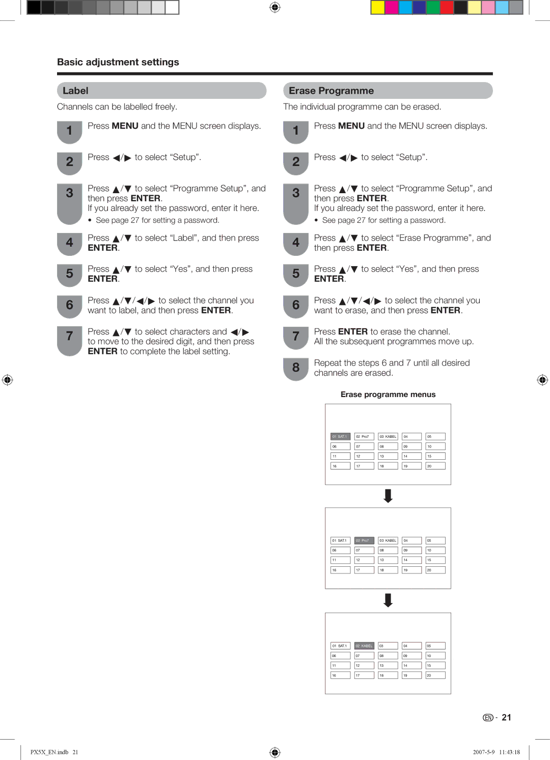 Sharp LC-46PX5X Basic adjustment settings Label, Erase Programme, Press a/b to select Label, and then press 