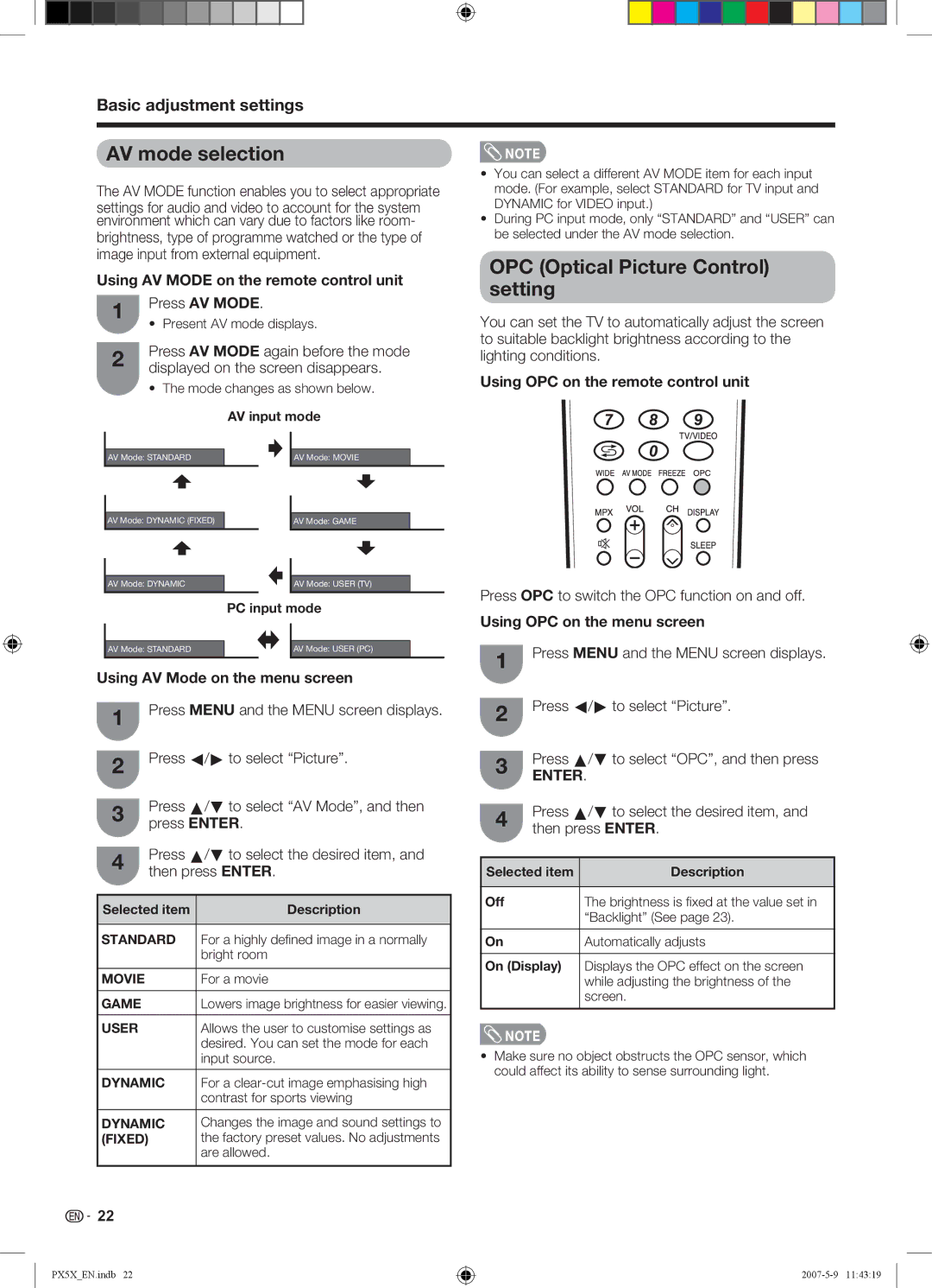 Sharp LC-46PX5X operation manual AV mode selection, OPC Optical Picture Control setting 