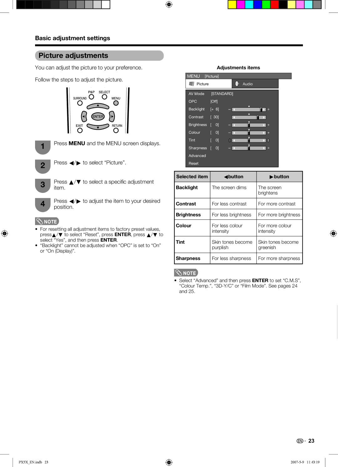 Sharp LC-46PX5X operation manual Picture adjustments, Adjustments items 