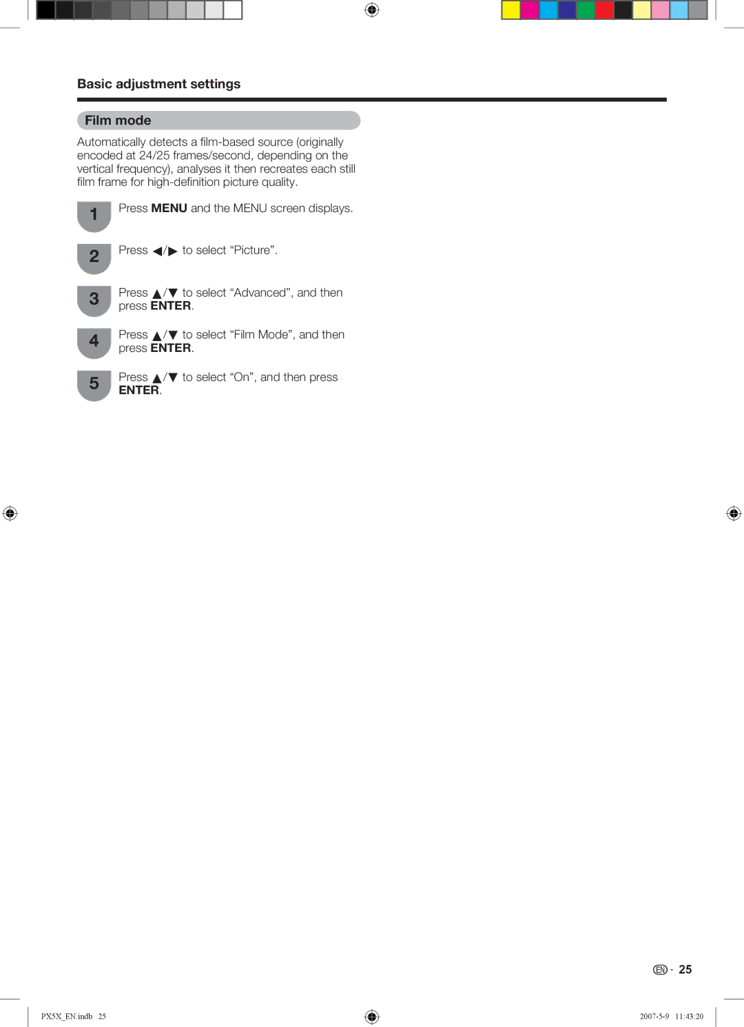 Sharp LC-46PX5X operation manual Basic adjustment settings Film mode 