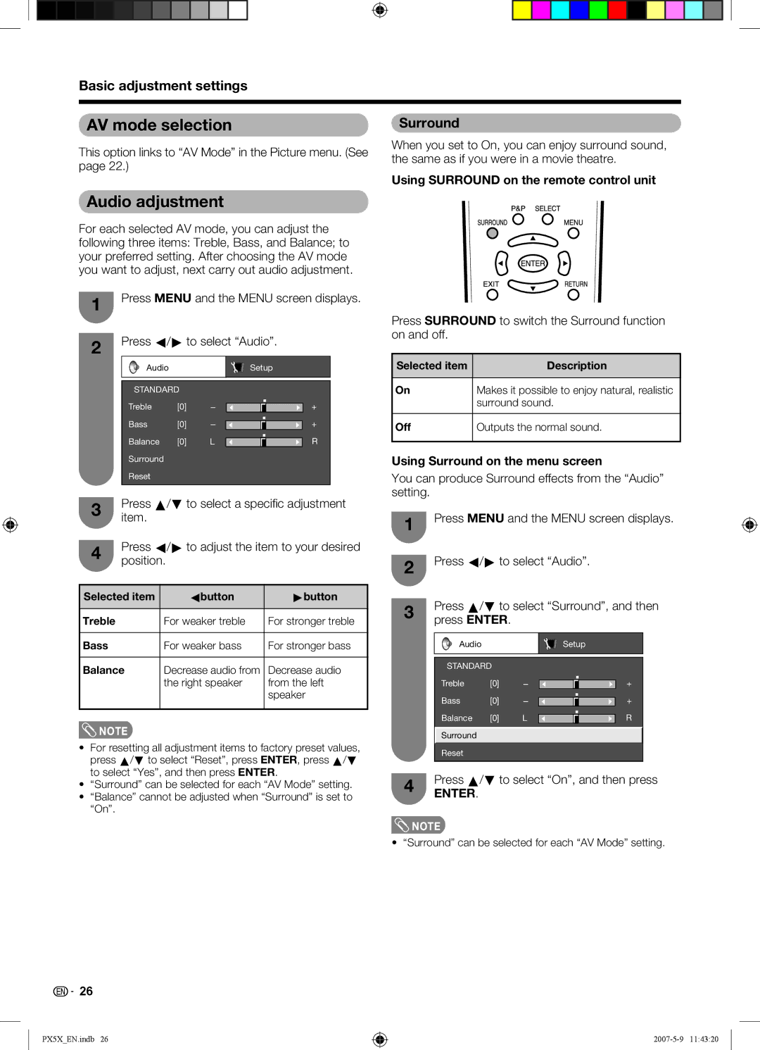 Sharp LC-46PX5X Audio adjustment, Using Surround on the remote control unit, Using Surround on the menu screen 