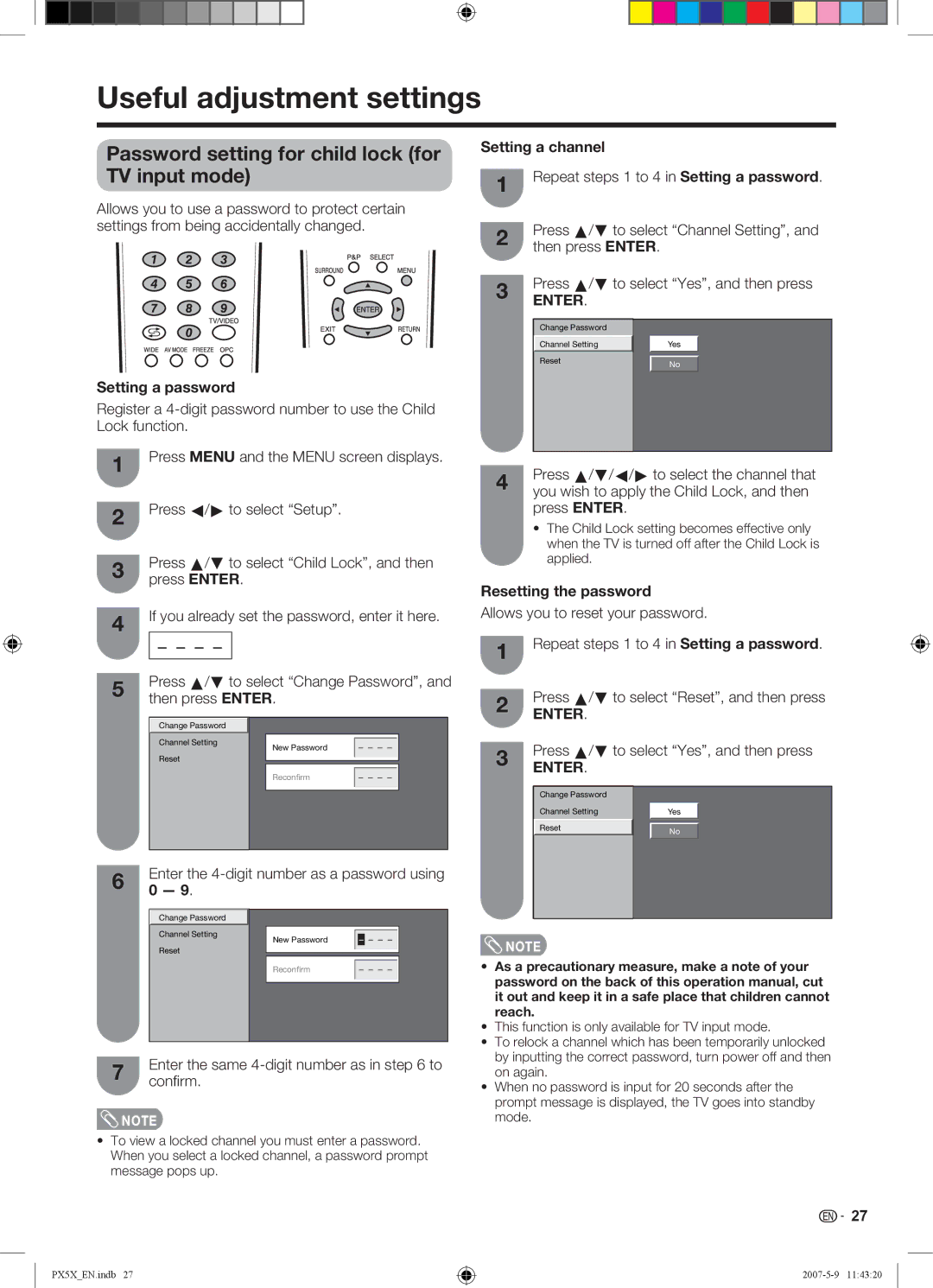 Sharp LC-46PX5X Useful adjustment settings, Password setting for child lock for TV input mode, Setting a password 