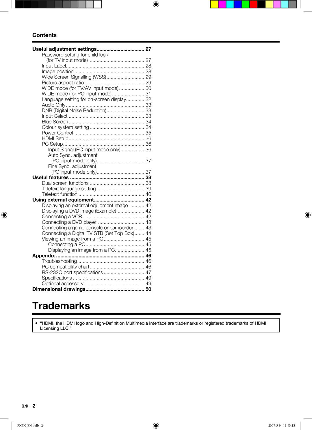 Sharp LC-46PX5X operation manual Trademarks, Contents 