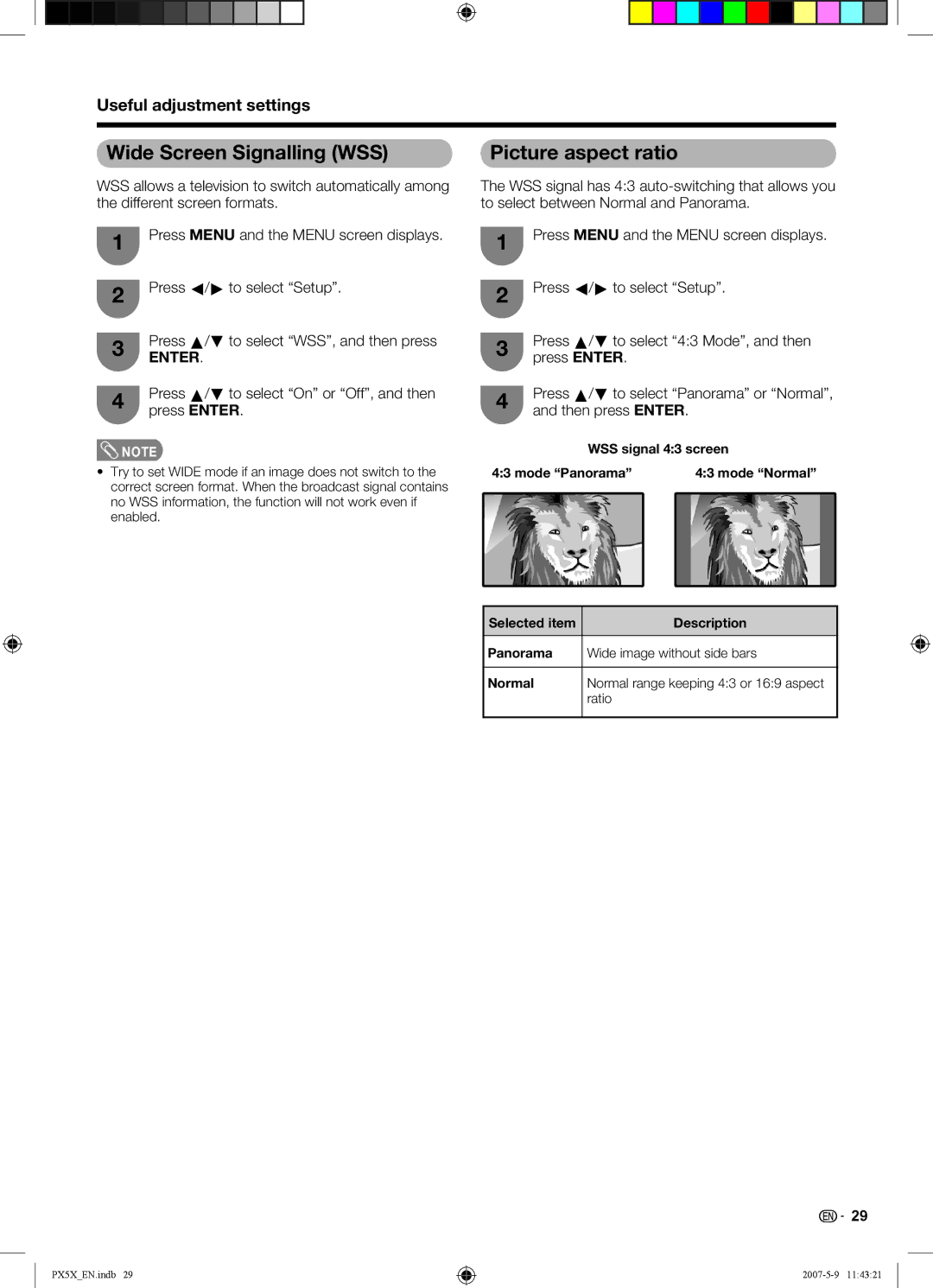 Sharp LC-46PX5X Wide Screen Signalling WSS, Picture aspect ratio, Press a/b to select On or Off, and then press Enter 