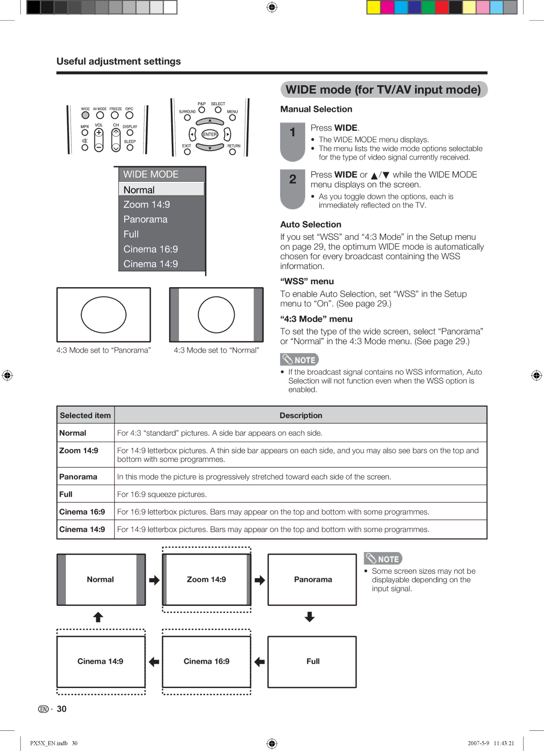 Sharp LC-46PX5X operation manual Wide mode for TV/AV input mode, Manual Selection, Auto Selection, WSS menu, Mode menu 