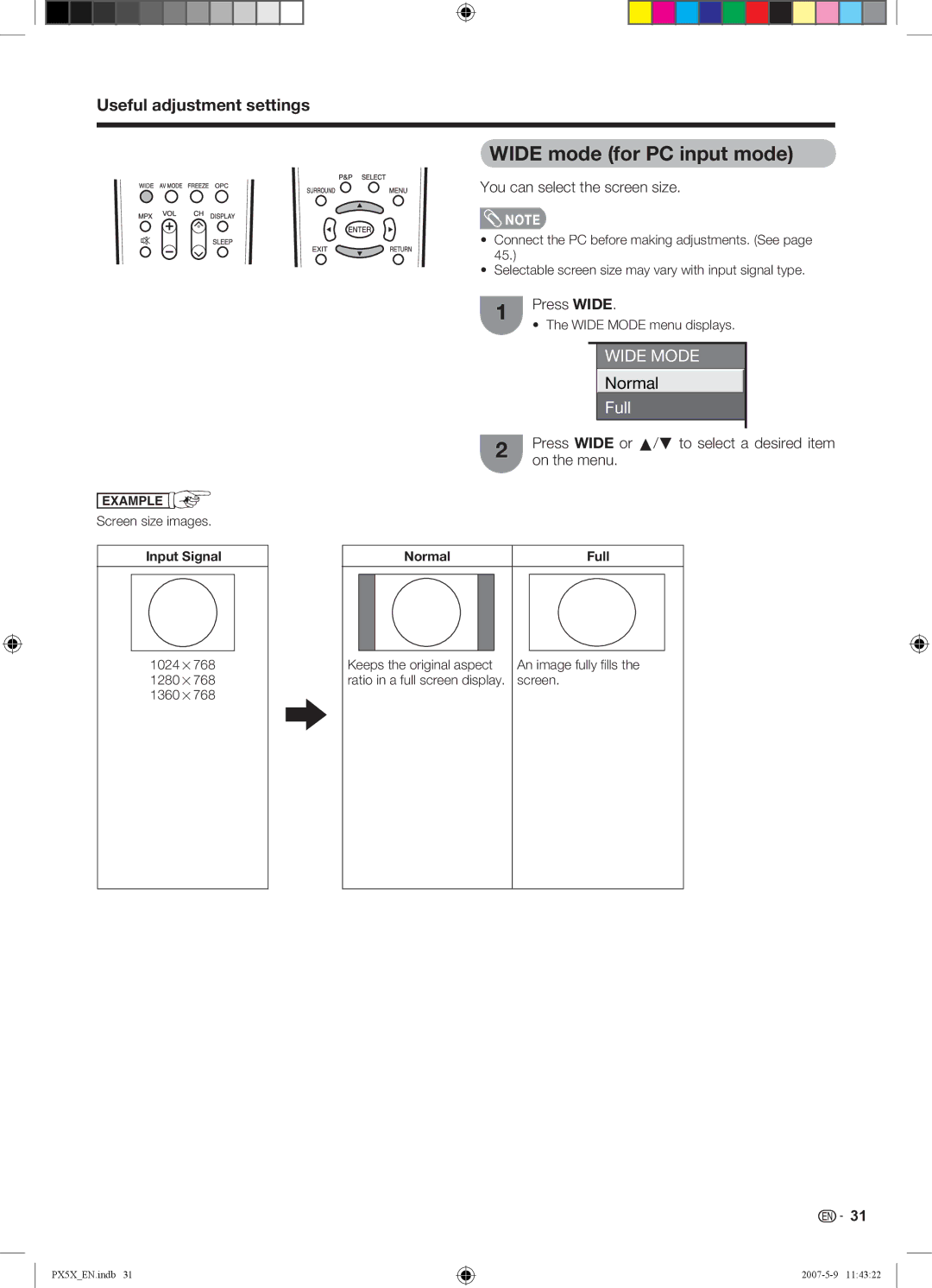 Sharp LC-46PX5X Wide mode for PC input mode, You can select the screen size, Press Wide or a/ b to select a desired item 