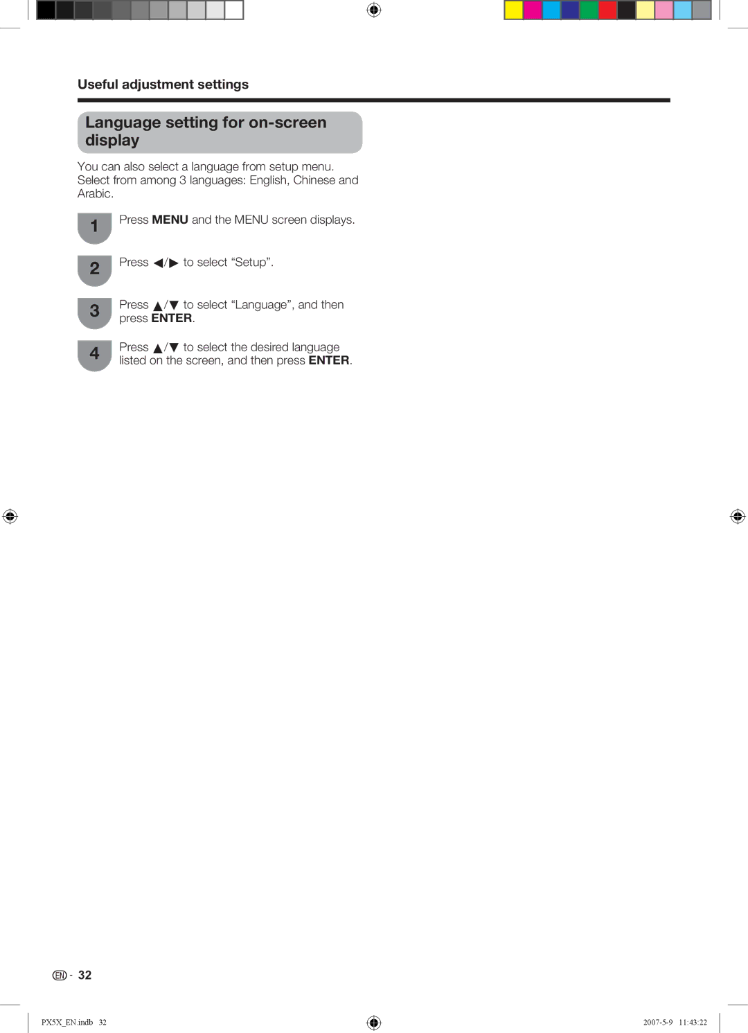 Sharp LC-46PX5X operation manual Language setting for on-screen display 