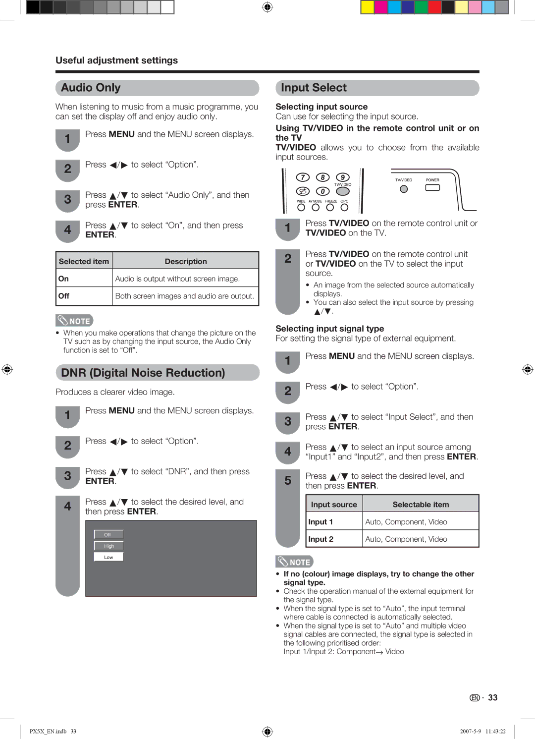 Sharp LC-46PX5X operation manual Audio Only, DNR Digital Noise Reduction, Input Select 