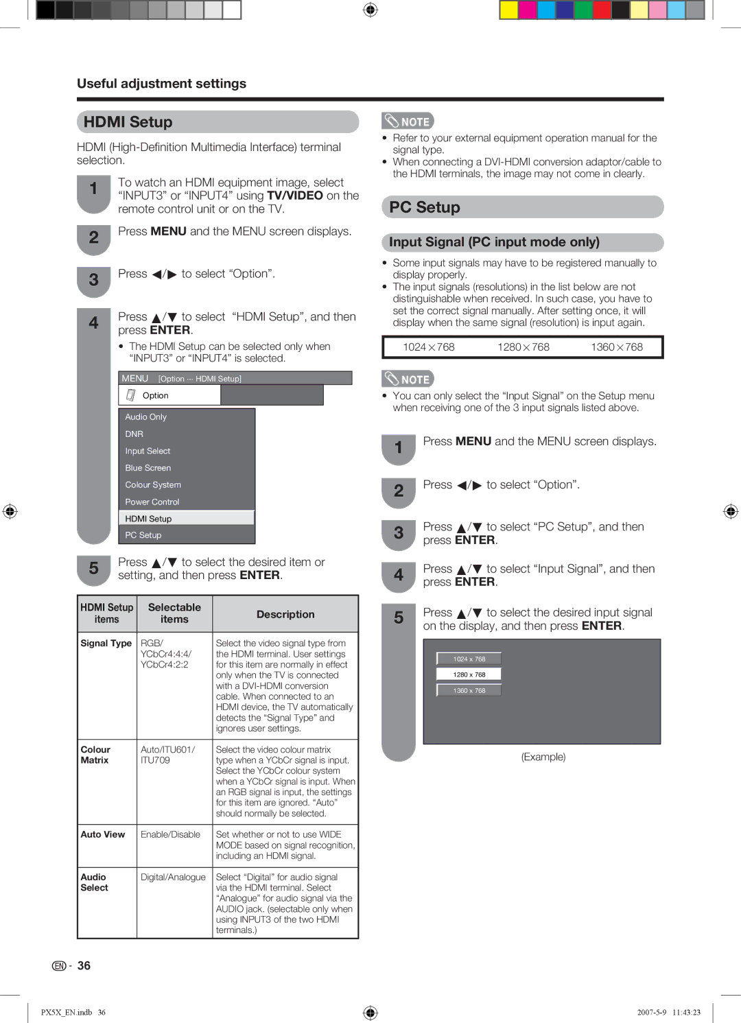 Sharp LC-46PX5X operation manual PC Setup, Input Signal PC input mode only, Selectable Description Items 