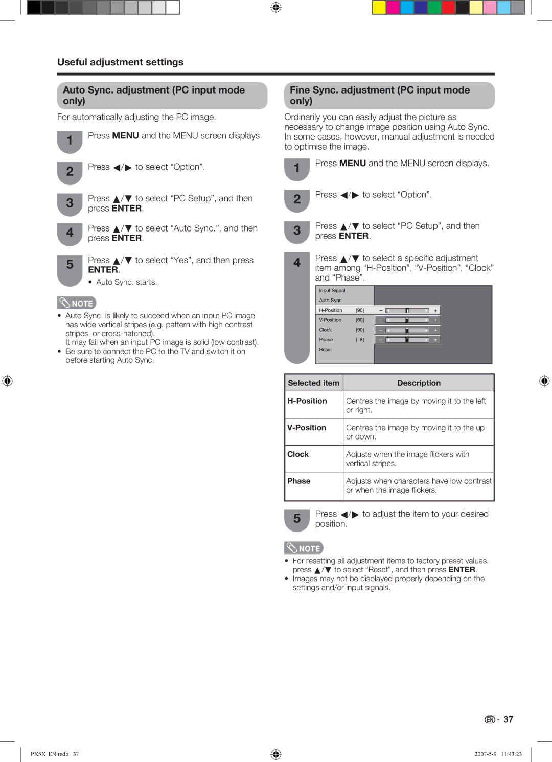 Sharp LC-46PX5X Fine Sync. adjustment PC input mode only, Press a/ b to select a speciﬁ c adjustment, Phase 