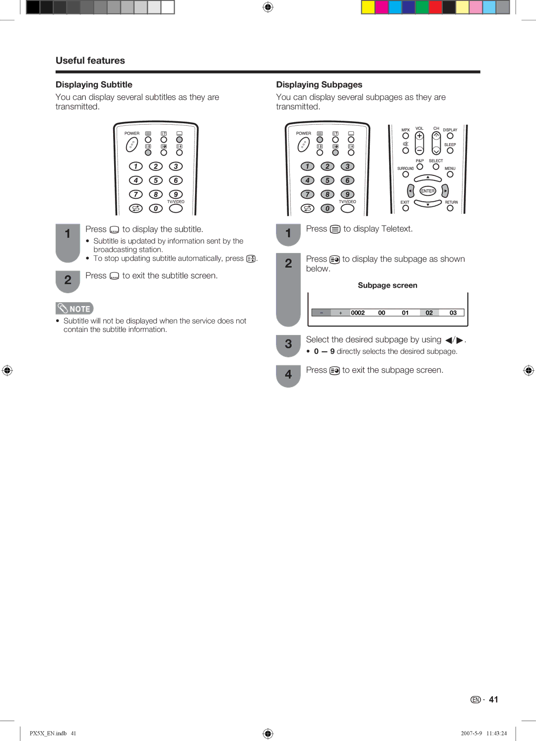 Sharp LC-46PX5X Displaying Subtitle, You can display several subtitles as they are transmitted, Displaying Subpages 