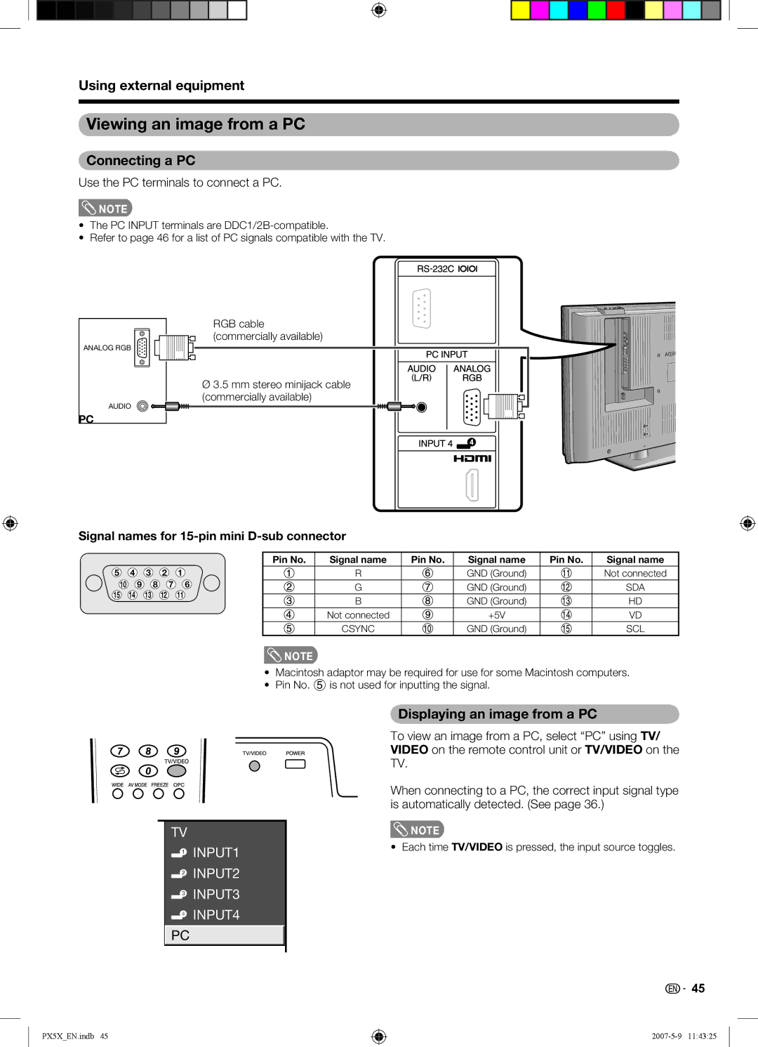 Sharp LC-46PX5X operation manual Viewing an image from a PC, Connecting a PC, Displaying an image from a PC 
