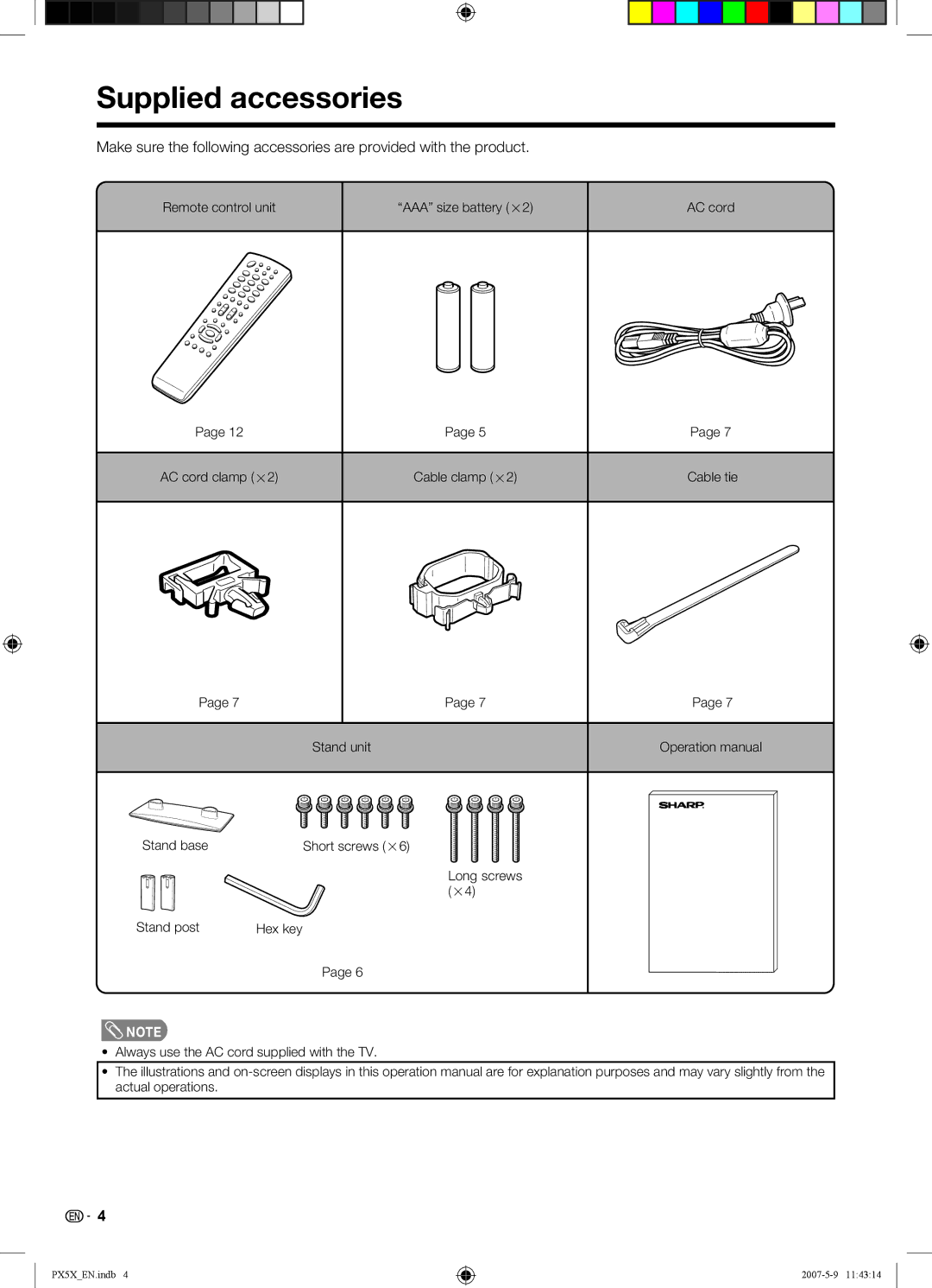 Sharp LC-46PX5X operation manual Supplied accessories 