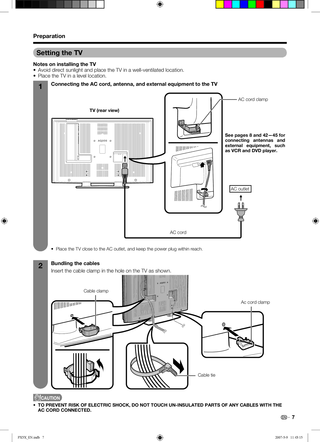 Sharp LC-46PX5X Setting the TV, Bundling the cables, Insert the cable clamp in the hole on the TV as shown, TV rear view 