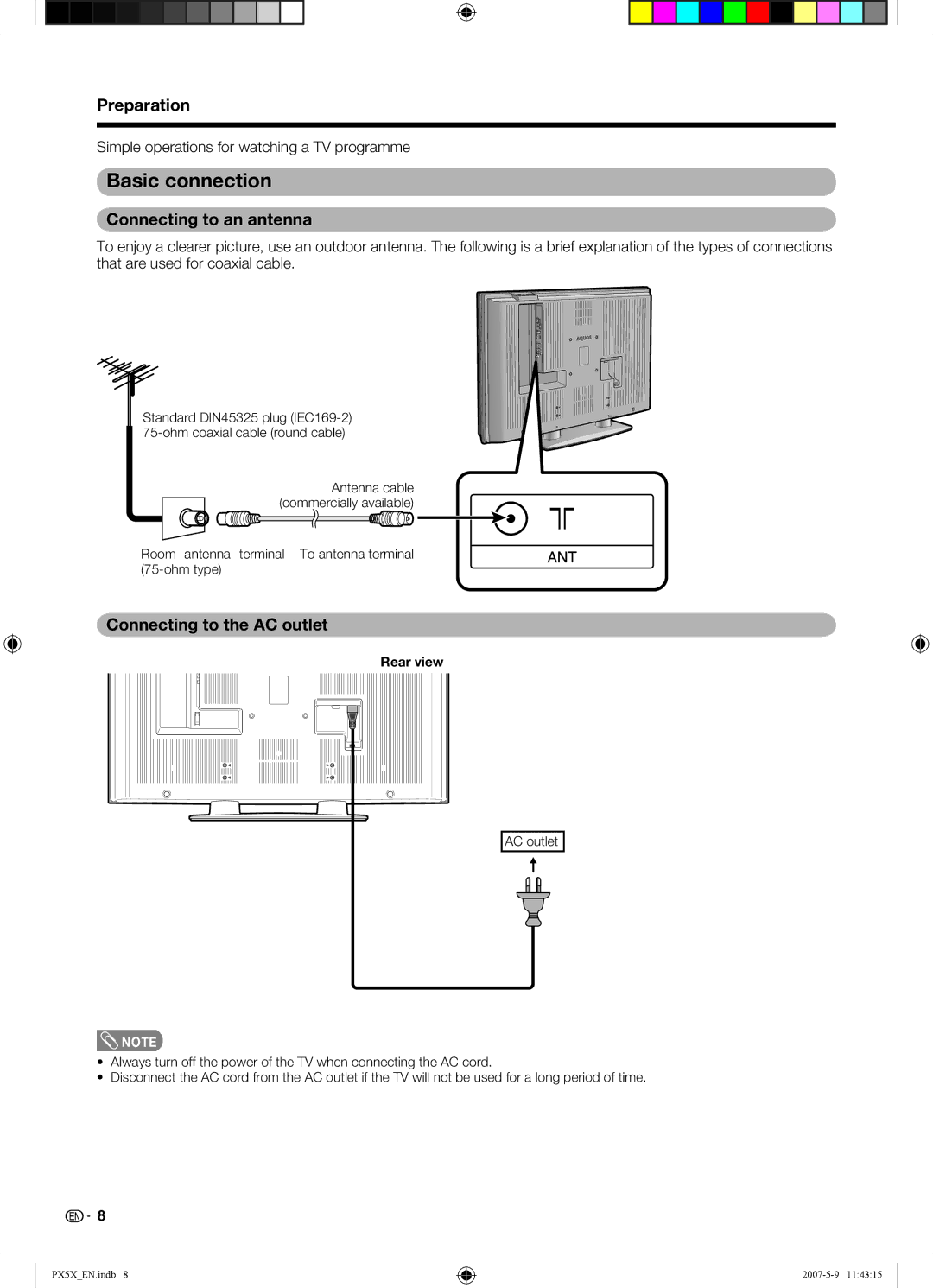 Sharp LC-46PX5X operation manual Basic connection, Connecting to an antenna, Connecting to the AC outlet, Rear view 