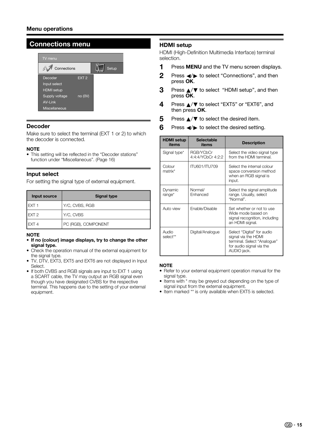 Sharp LC-52XD1E Connections menu, Decoder, Input select, Hdmi setup, For setting the signal type of external equipment 