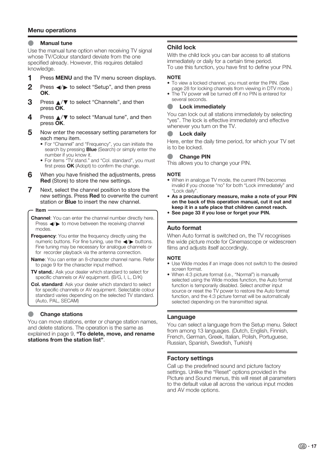 Sharp LC-52XD1E, LC-46XD1E operation manual Child lock, Auto format, Language, Factory settings 